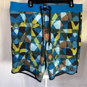 Prana Men’s High Seas Geometric Pattern Board Shorts Blue, Yellow Brown 36